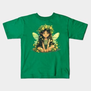 Cute Saint Patrick's Day Fairy sitting in four leaf clovers shamrocks and flowers happy St. Patricks Day Kids T-Shirt